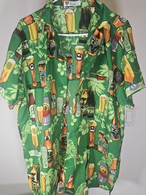 Tropical Beer Print Short Sleeve Shirt - Green